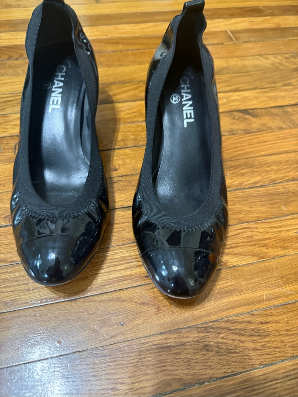 CHANEL Black Patent Cap-Toe block heels